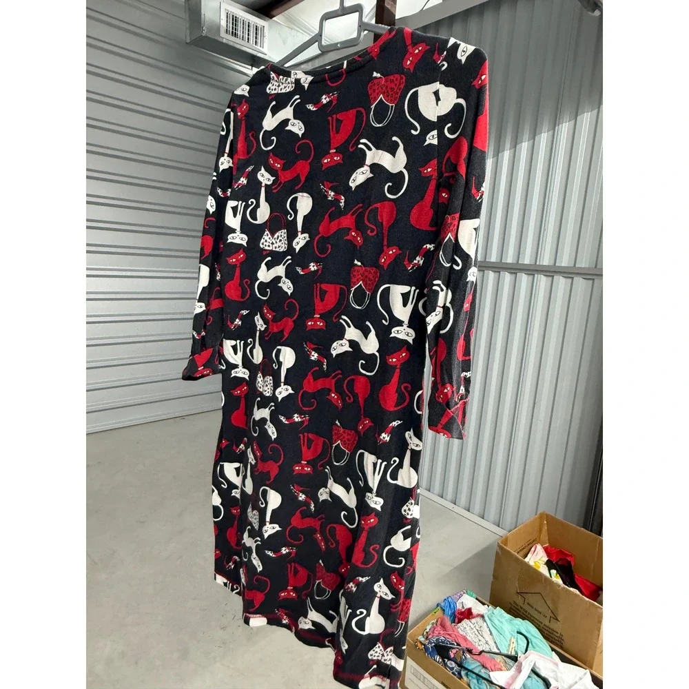 Hue Women Black Red White Cat Print Long Sleeve Sleep Dress Nightgown Pocket